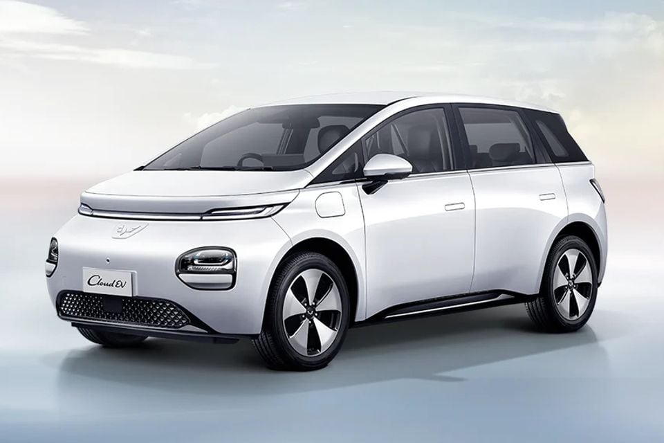 A white Wuling Cloud EV hatchback shown from the front quarter angle against a plain studio background