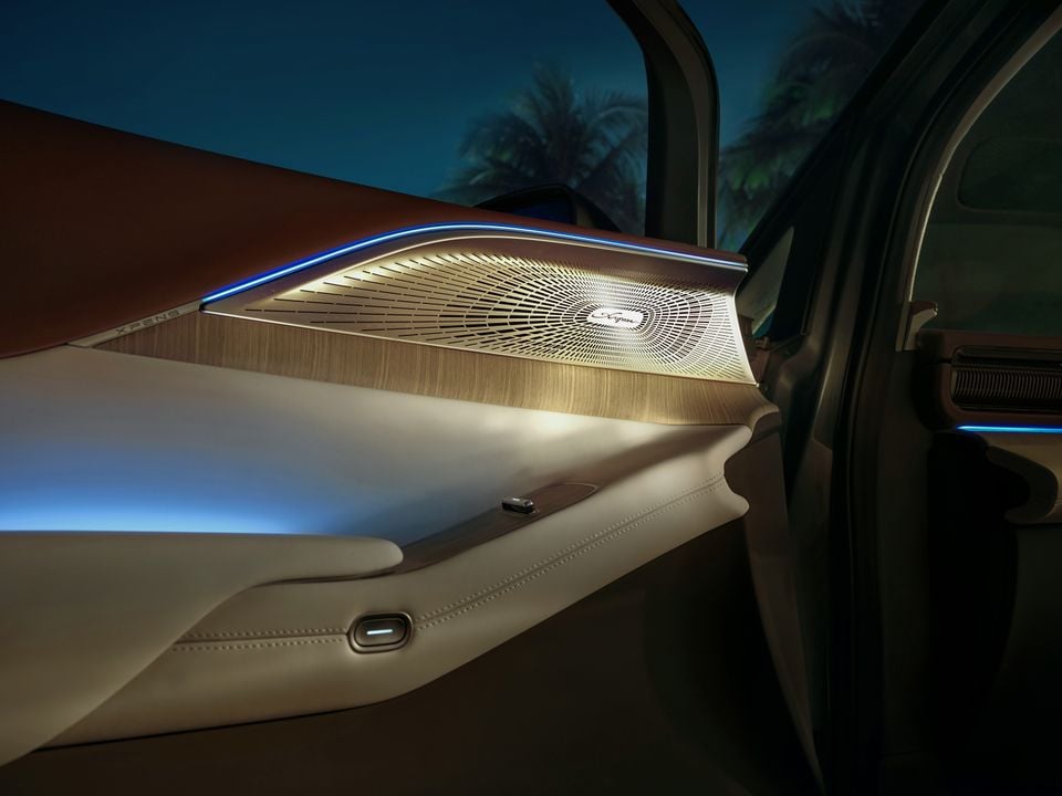 Close-up of the illuminated door panel speaker on an Xpeng X9, featuring a decorative grille with ambient blue lighting and premium trim materials