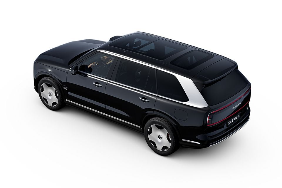 A black Zeekr 9X large SUV seen from a high rear three-quarter angle on a white background